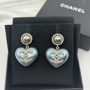Chanel Crystal CC Heart Blue Faux Pearl Drop Earrings